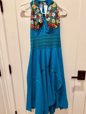 Woman’s Custon MadeTurquoise Halter Dress with Floral Embroidery Medium